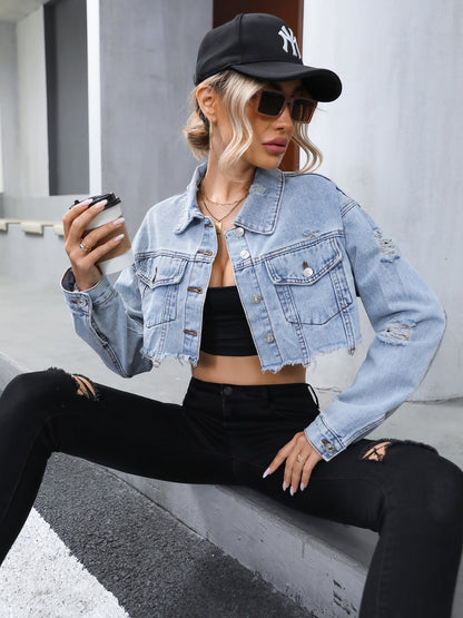 Distressed Raw Hem Cropped Denim Jacket