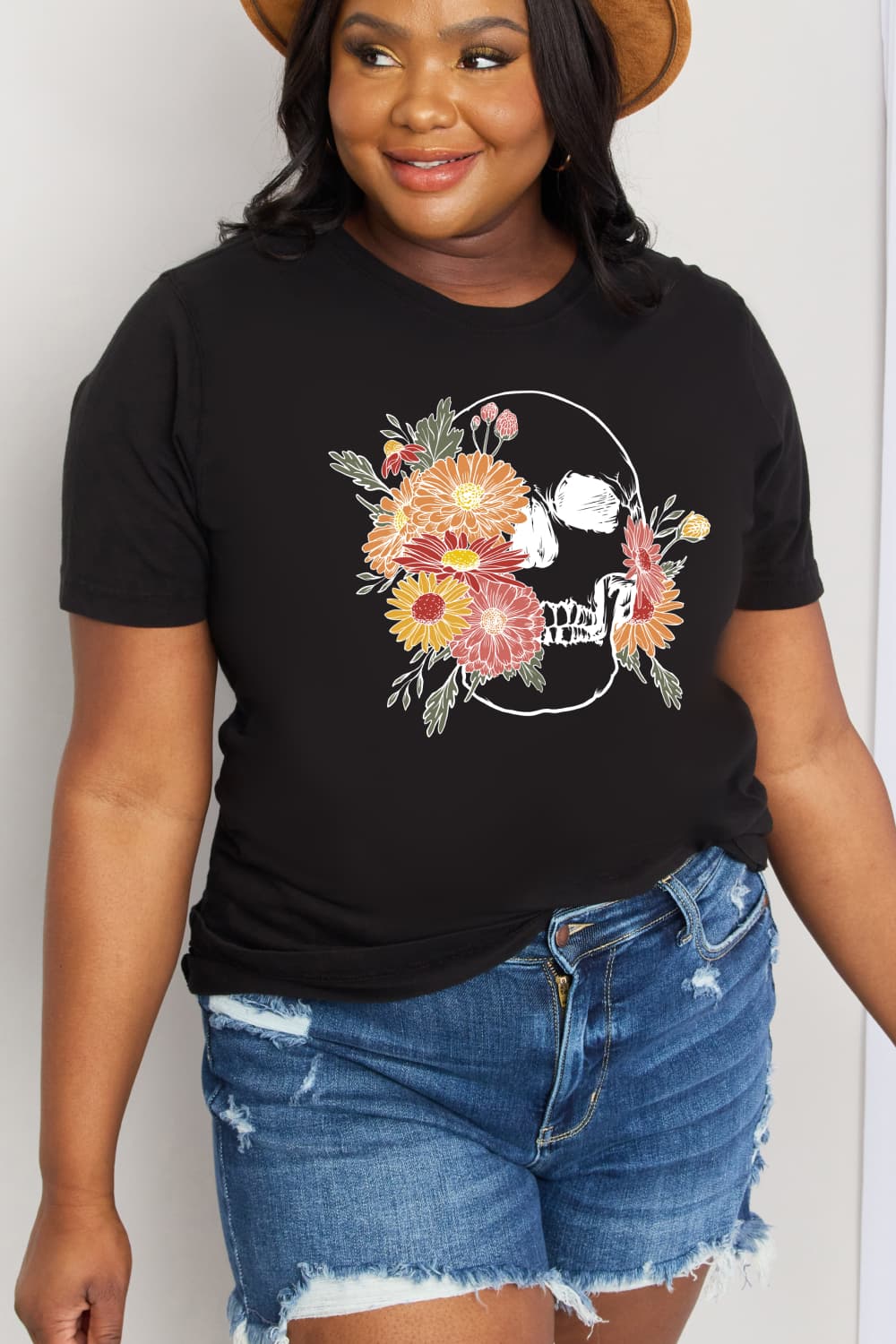 Simply Love Full Size Flower Skull Graphic Cotton Tee