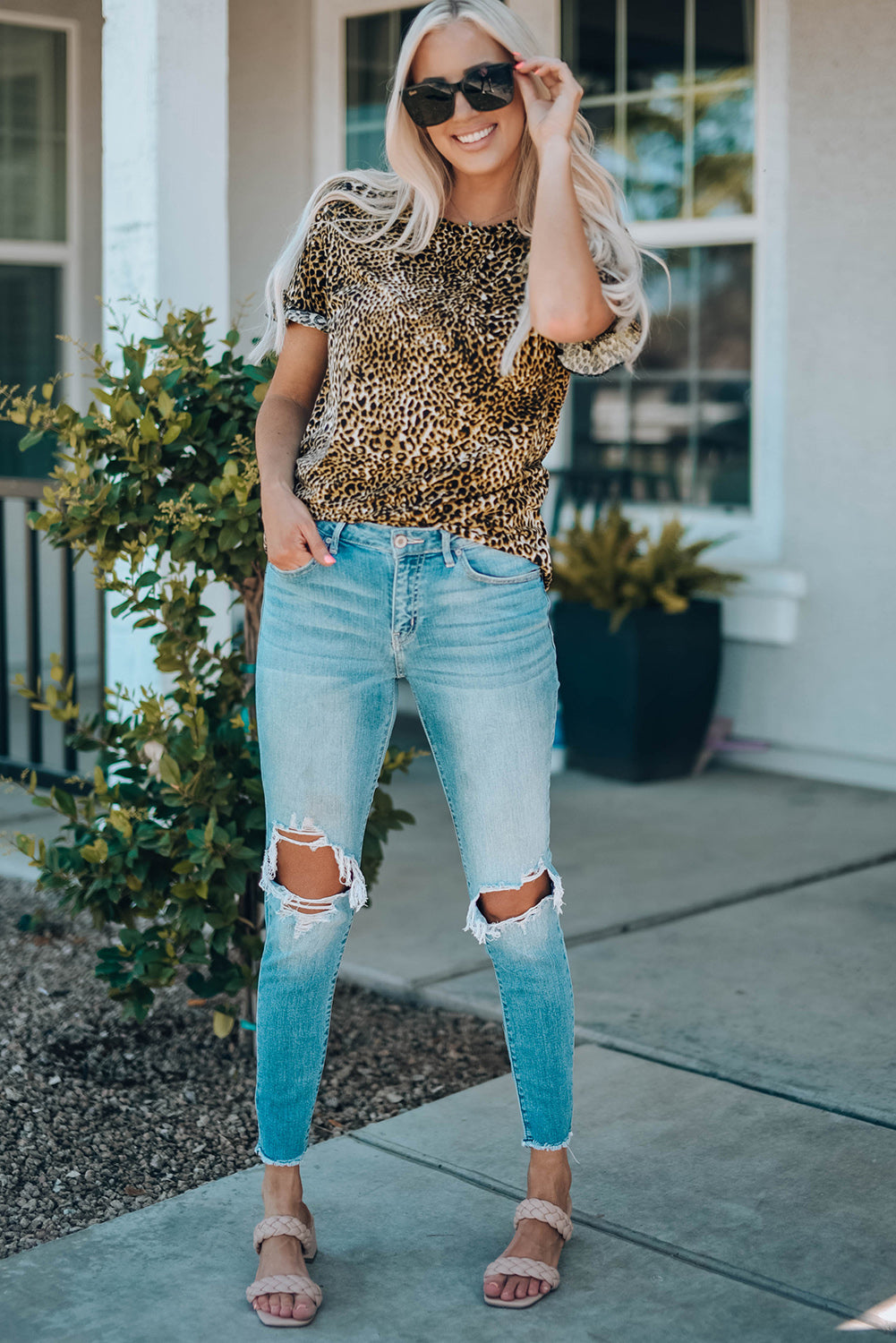 Women Leopard Short Flounce Sleeve Tee