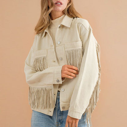 Fringe Detail Dropped Shoulder Denim Jacket